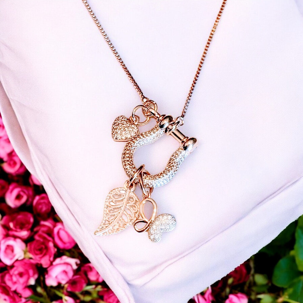 Rose-Gold Leaf Butterfly Charm Necklace, adjustable up to 24 inches