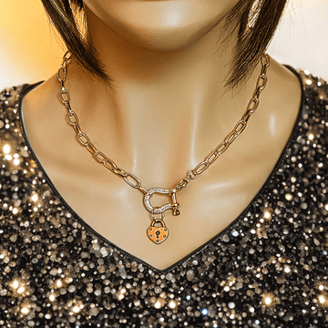 Rose-Gold Pave Shackle Heart Lock Necklace, 18-24 inches