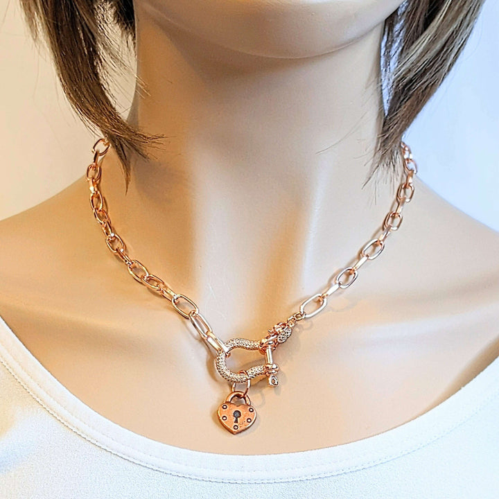 Rose-Gold Pave Shackle Heart Lock Necklace, 18-24 inches