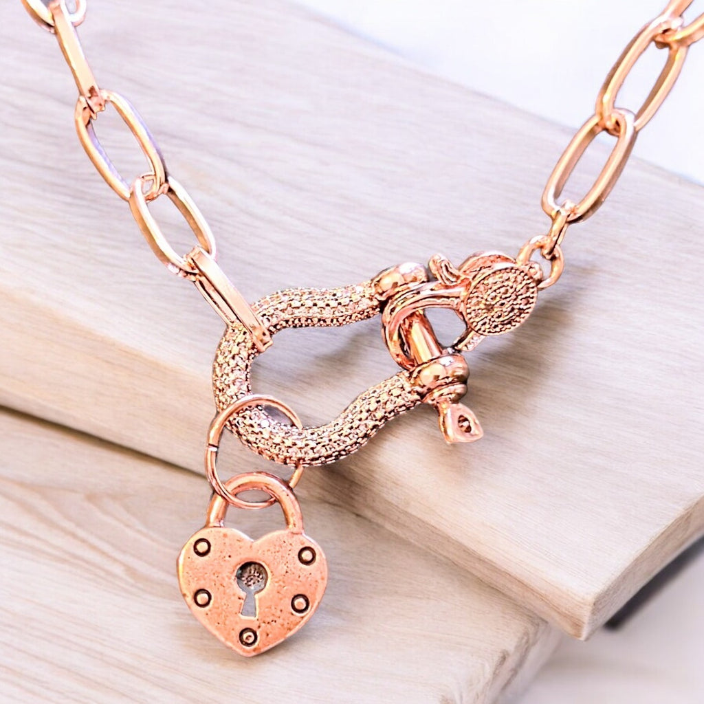 Rose-Gold Pave Shackle Heart Lock Necklace, 18-24 inches