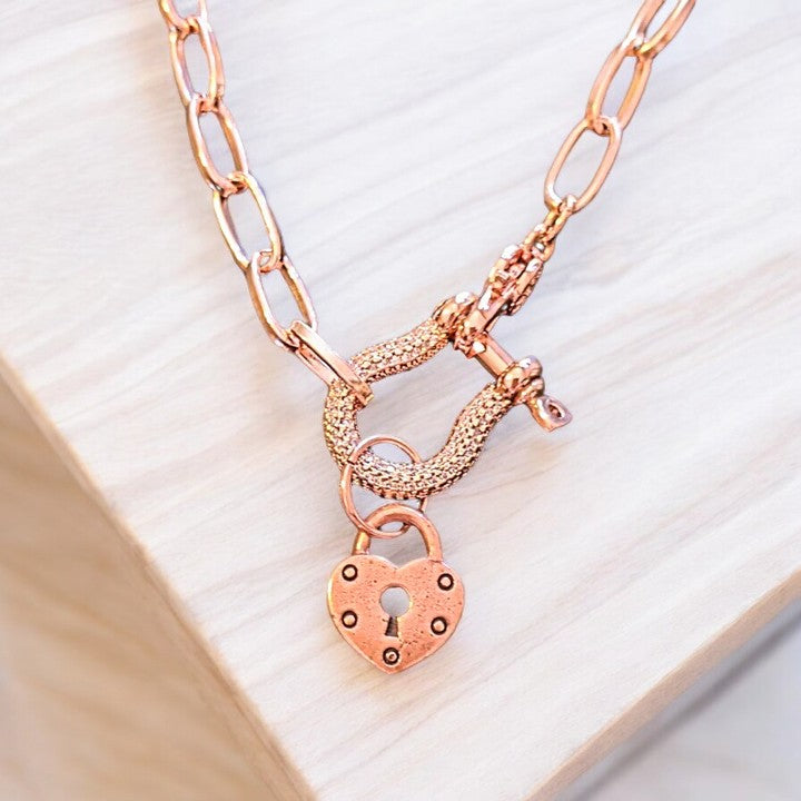 Rose-Gold Pave Shackle Heart Lock Necklace, 18-24 inches