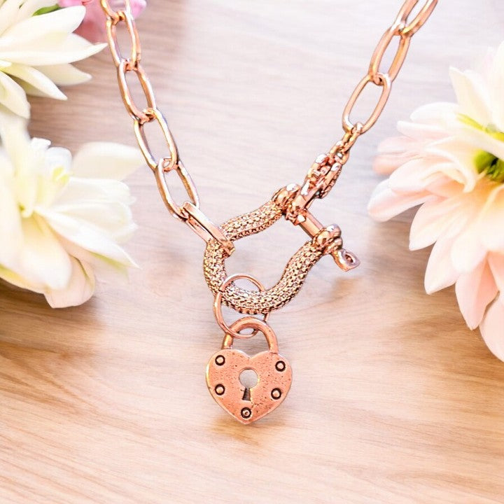 Rose-Gold Pave Shackle Heart Lock Necklace, 18-24 inches