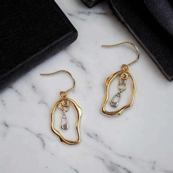 Safety Pin dangle earrings, Two-Tone