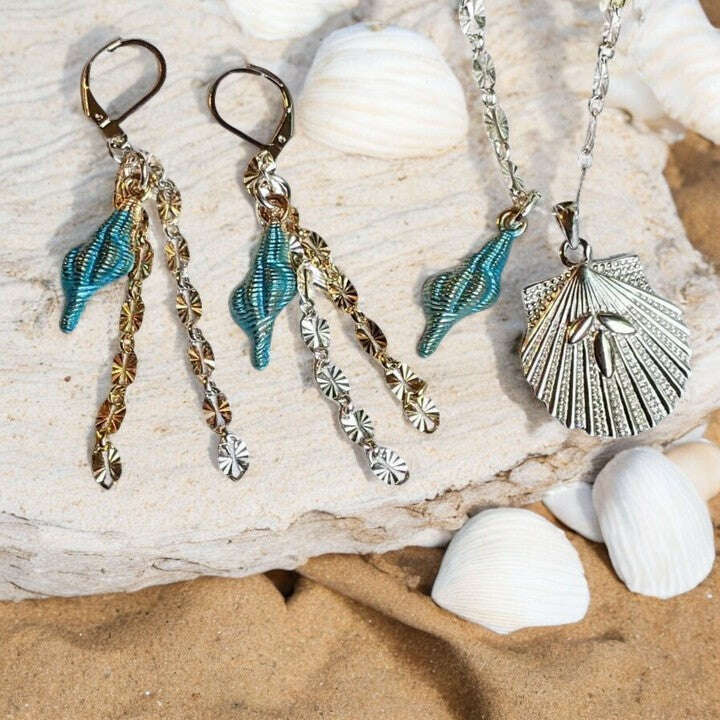 Scallop Beach Shell Necklace / Earring Set, Sterling Silver - 20 inch 3-Pc Set
