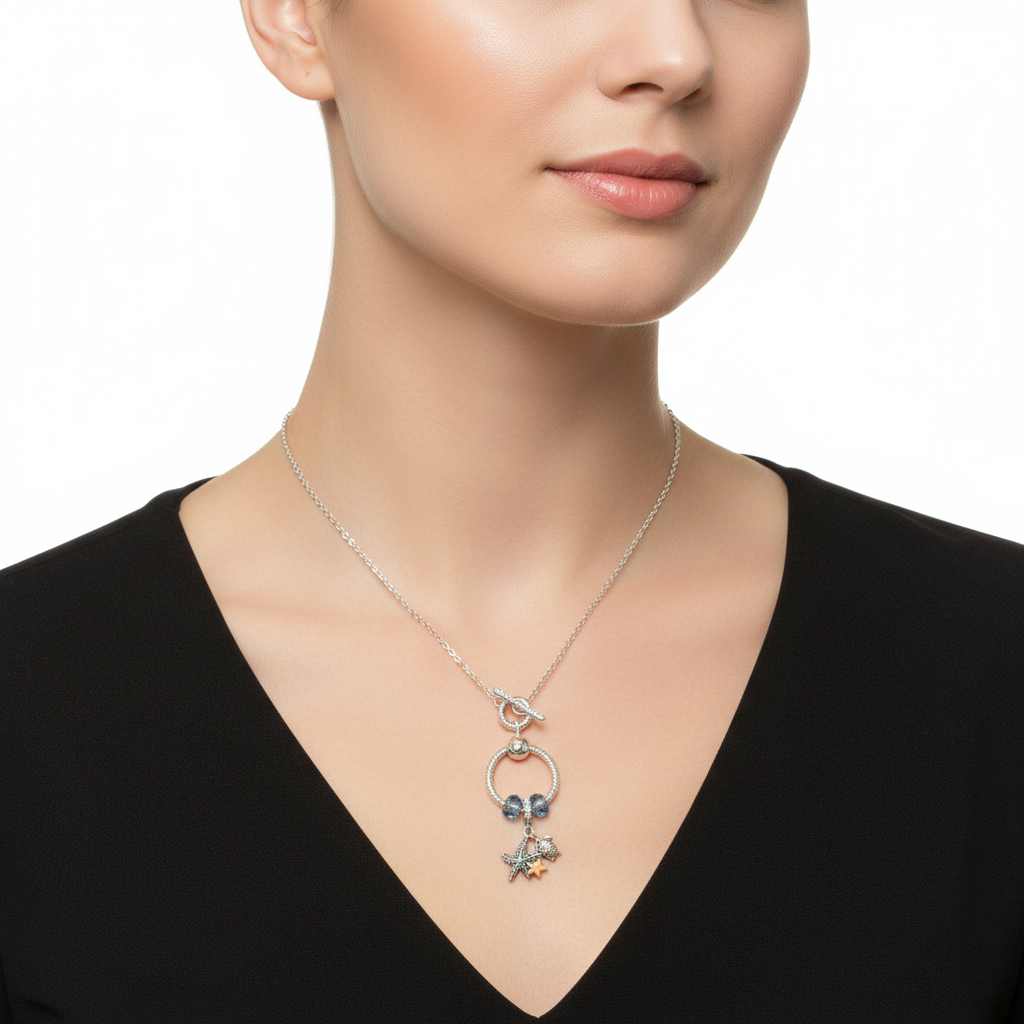 Sea Life Sterling Silver Toggle Charm Necklace, 20 inches