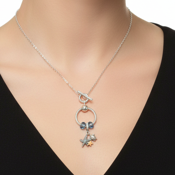 Sea Life Sterling Silver Toggle Charm Necklace, 20 inches