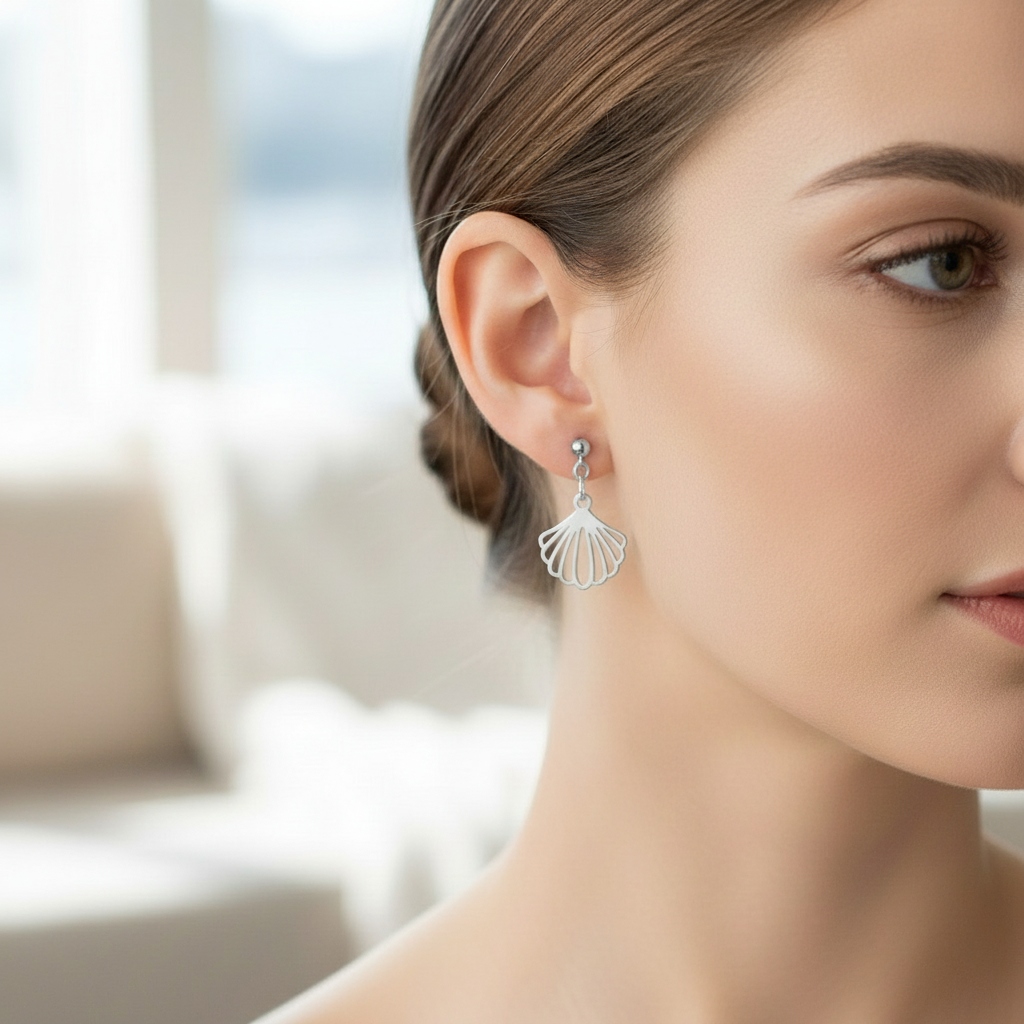 Sea Scallop Charm Drop Stud Earrings-Silver