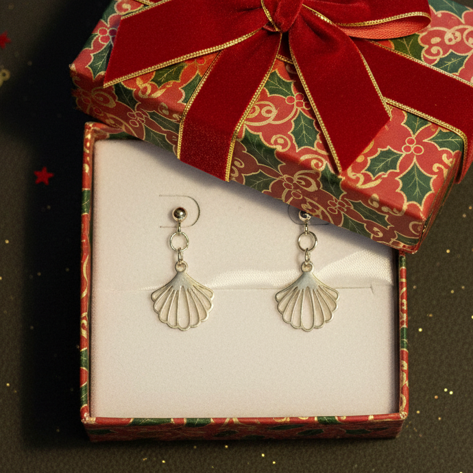 Sea Scallop Charm Drop Stud Earrings-Silver