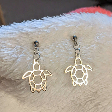 Sea Turtle Charm Drop Stud Earrings-Silver