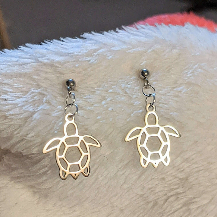Sea Turtle Charm Drop Stud Earrings-Silver
