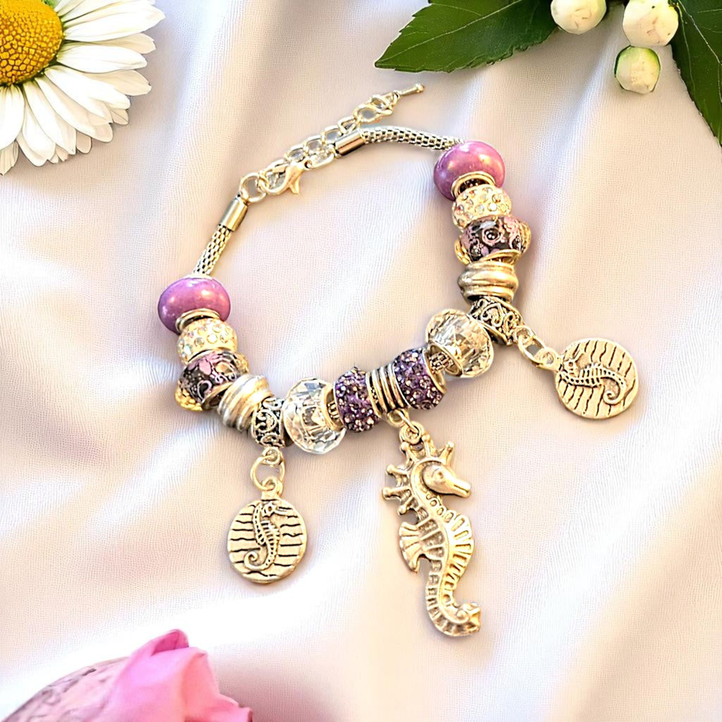 Seahorse European beaded bracelet, Silver