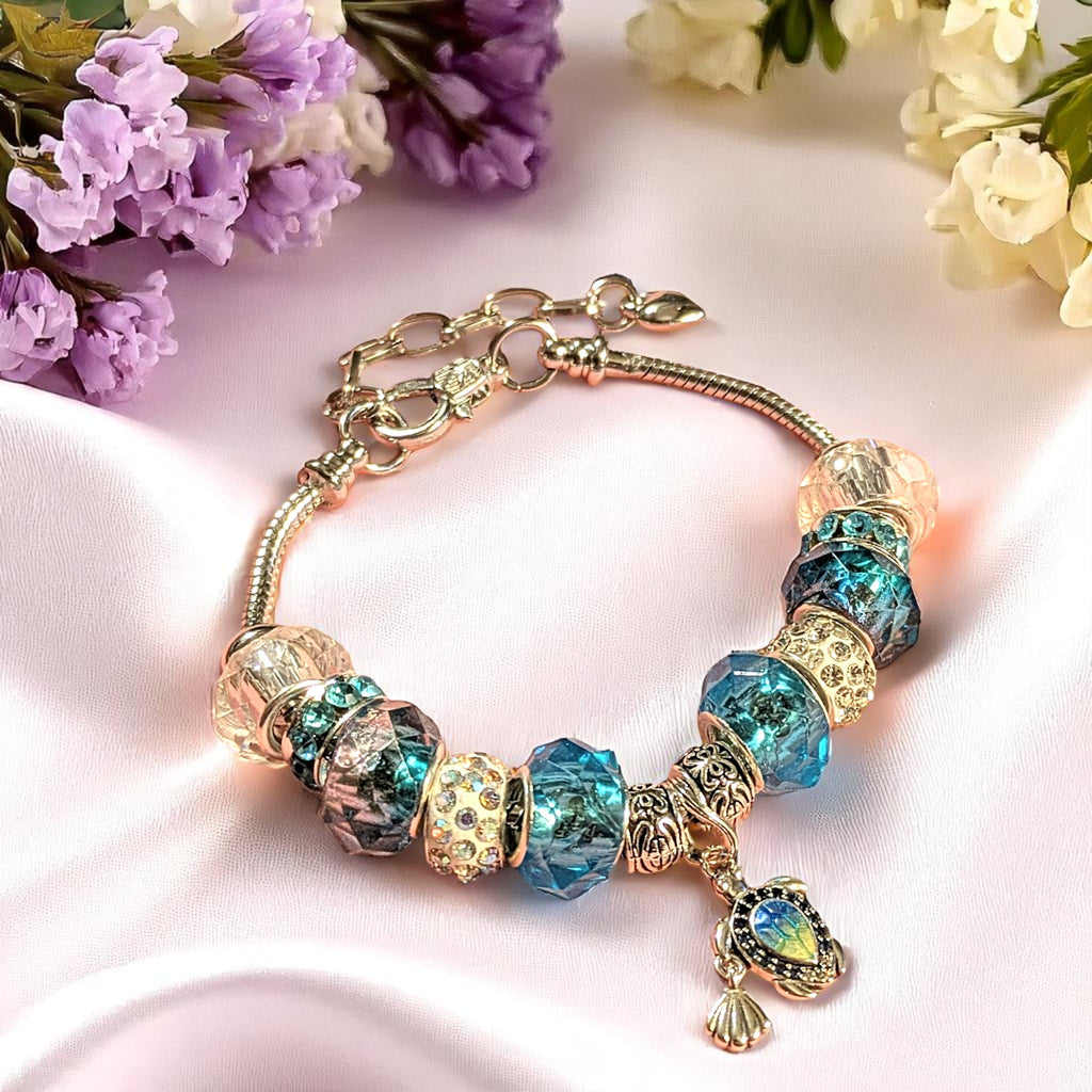 Sea Turtle European beaded bracelet, Silver