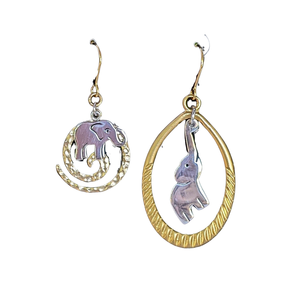 Mismatched Elephant two-tone hook earrings