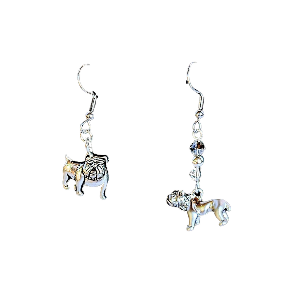 Mismatched English Bulldog crystal hook earrings