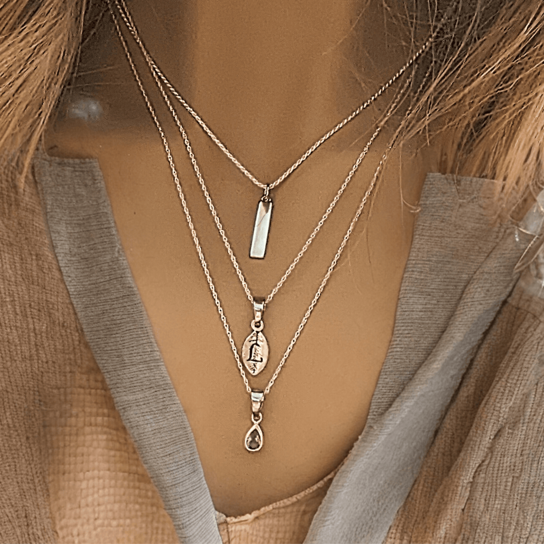 Silver Bar Amethyst Initial Leaf Layered Necklace Set