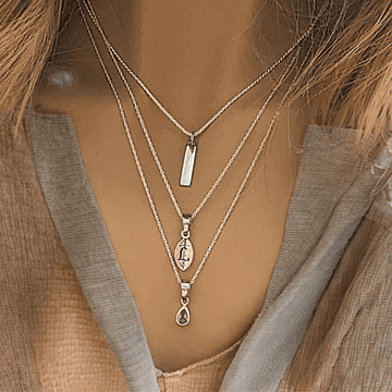 Silver Bar Amethyst Initial Leaf Layered Necklace Set