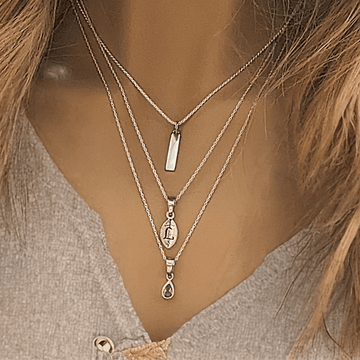 Silver Bar Amethyst Initial Leaf Layered Necklace Set