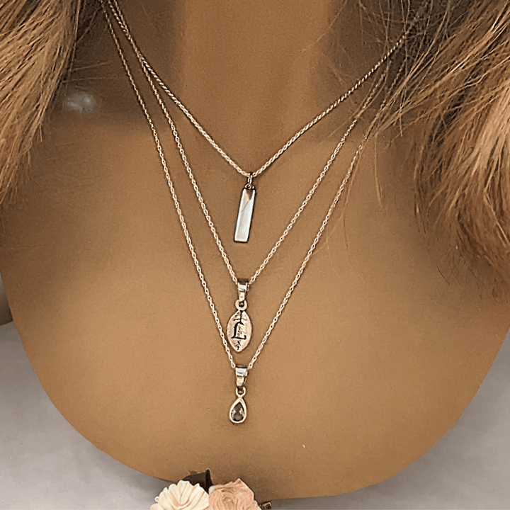 Silver Bar Amethyst Initial Leaf Layered Necklace Set