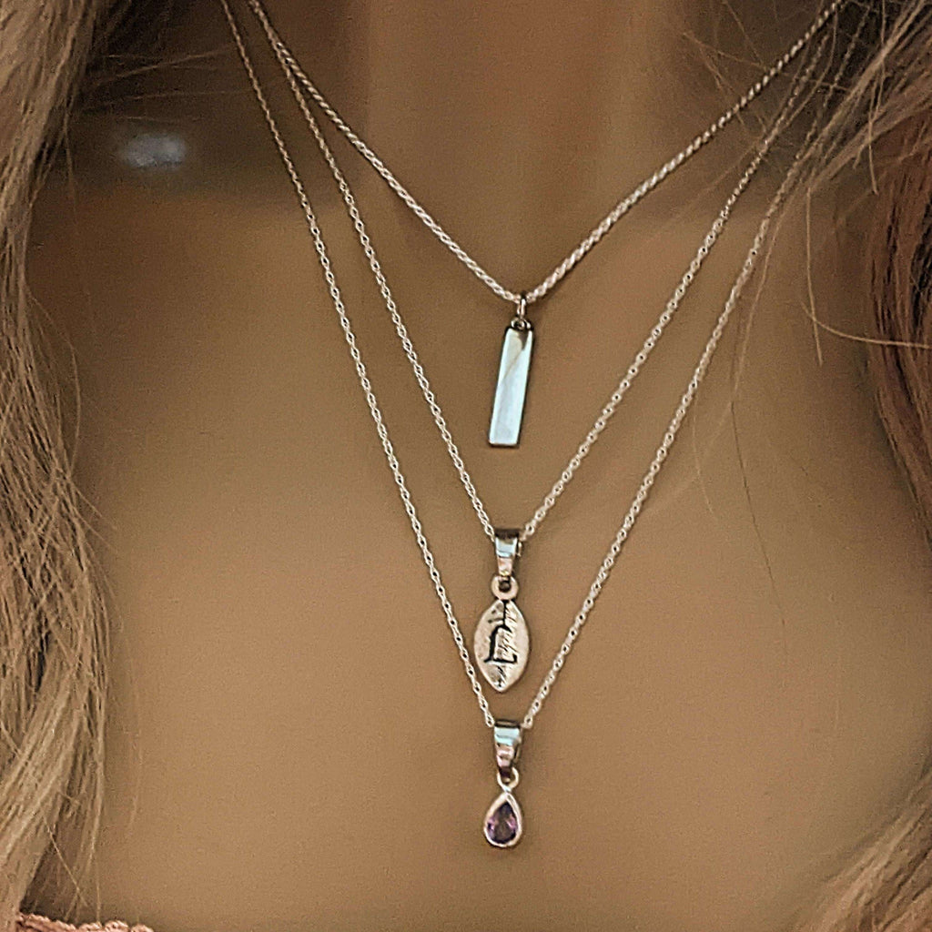 Silver Bar Amethyst Initial Leaf Layered Necklace Set