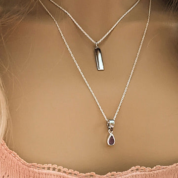 Silver Bar Amethyst Initial Leaf Layered Necklace Set