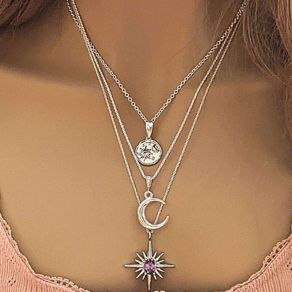 Silver Crescent Moon Layered Necklace Set
