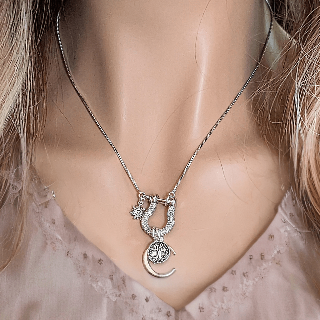 Silver Crescent Moon Tree of Life Necklace, adjustable up to 24 inches