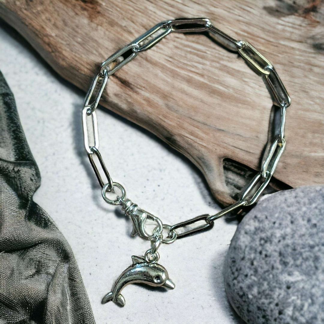Silver Dolphin Stainless Steel Paperclip Chain Bracelet