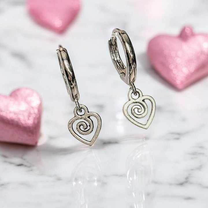 Silver Heart Swirl Huggie Hoop earrings, 15mm Hoop Drop