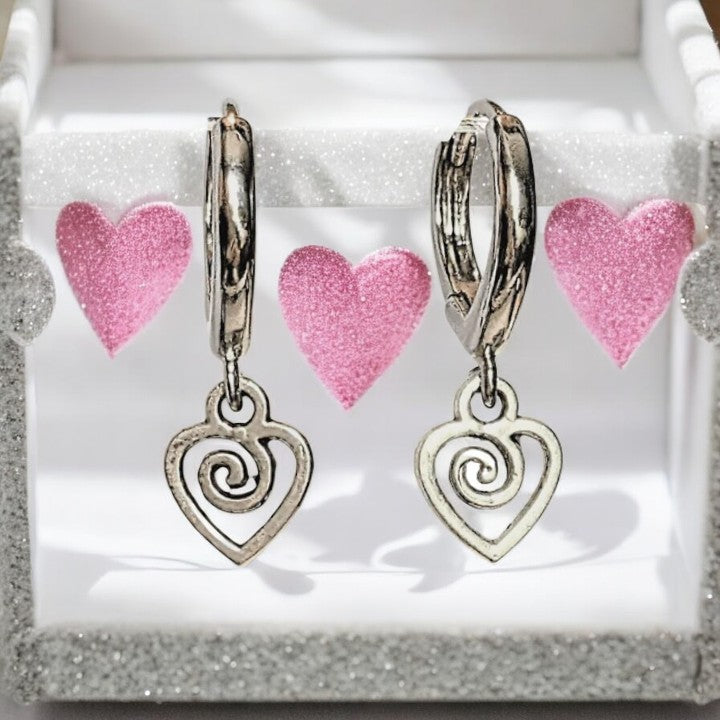 Silver Heart Swirl Huggie Hoop earrings, 15mm Hoop Drop