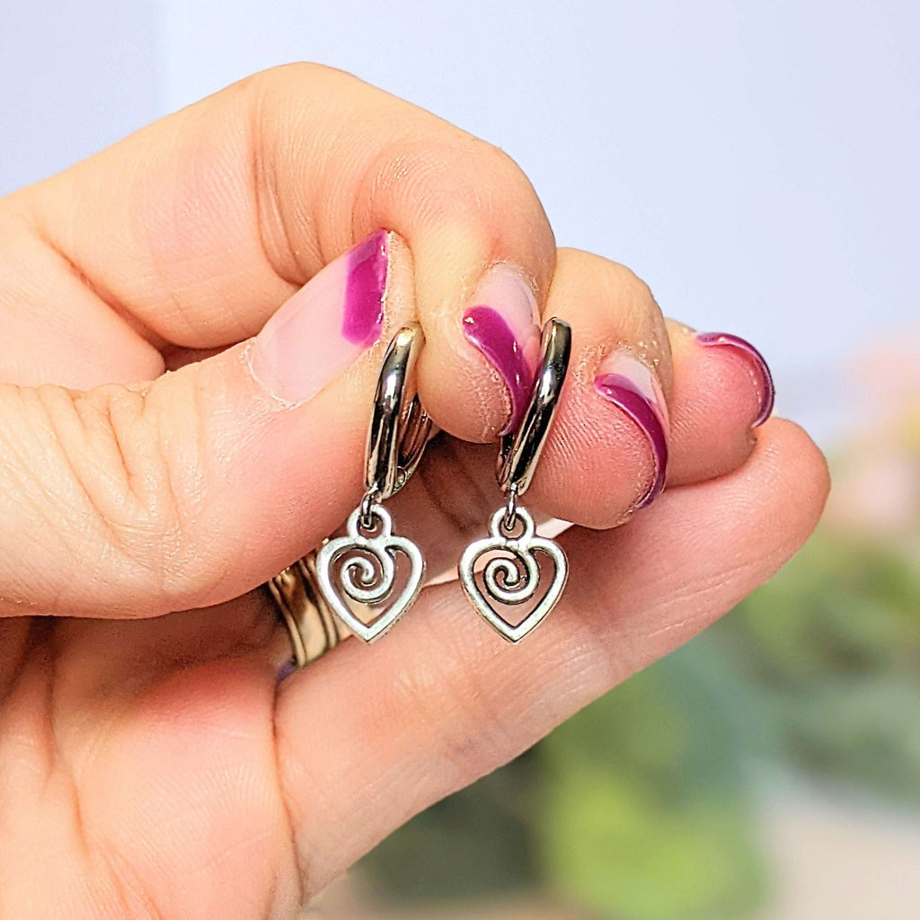 Silver Heart Swirl Huggie Hoop earrings, 15mm Hoop Drop