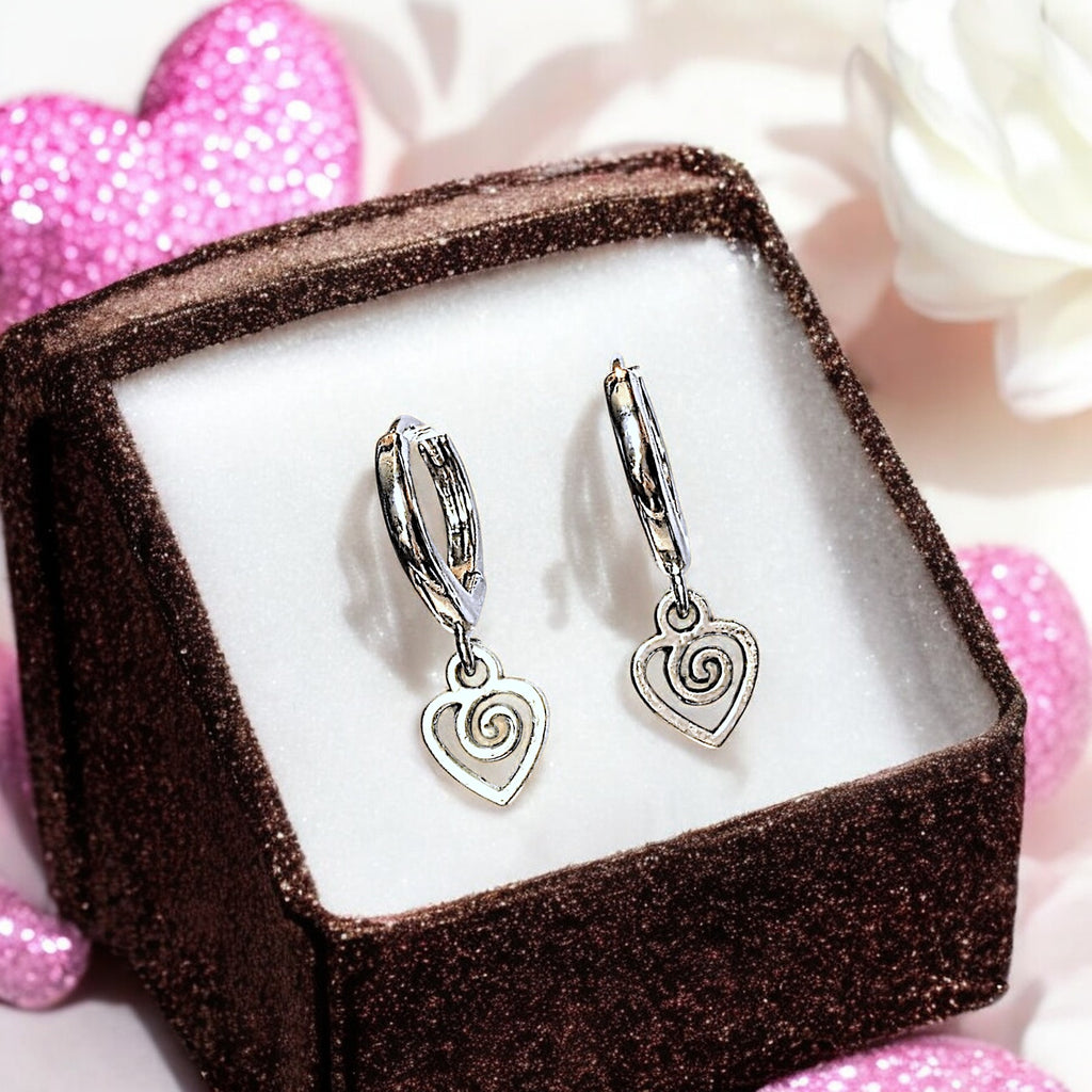 Silver Heart Swirl Huggie Hoop earrings, 15mm Hoop Drop