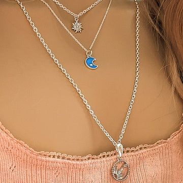 Silver Sun, Enamel Moon Layered Necklace Set