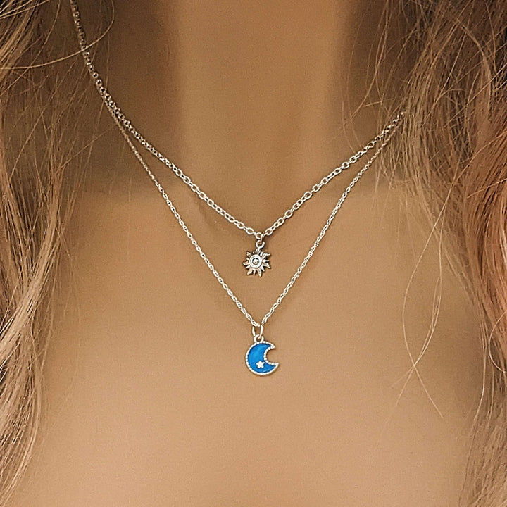Silver Sun, Enamel Moon Layered Necklace Set