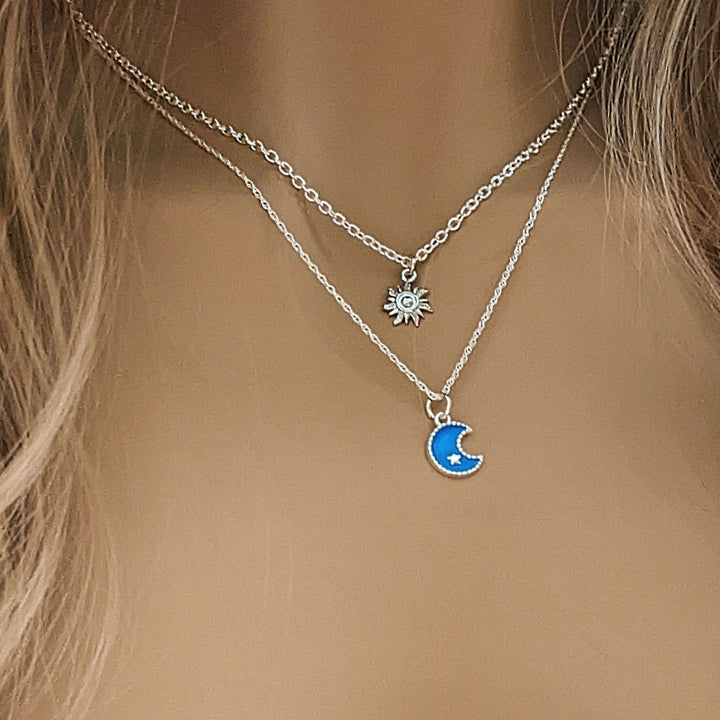 Silver Sun, Enamel Moon Layered Necklace Set