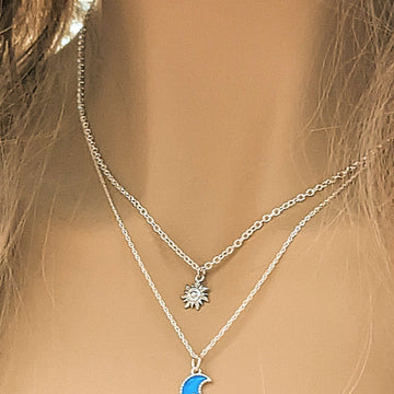 Silver Sun, Enamel Moon Layered Necklace Set