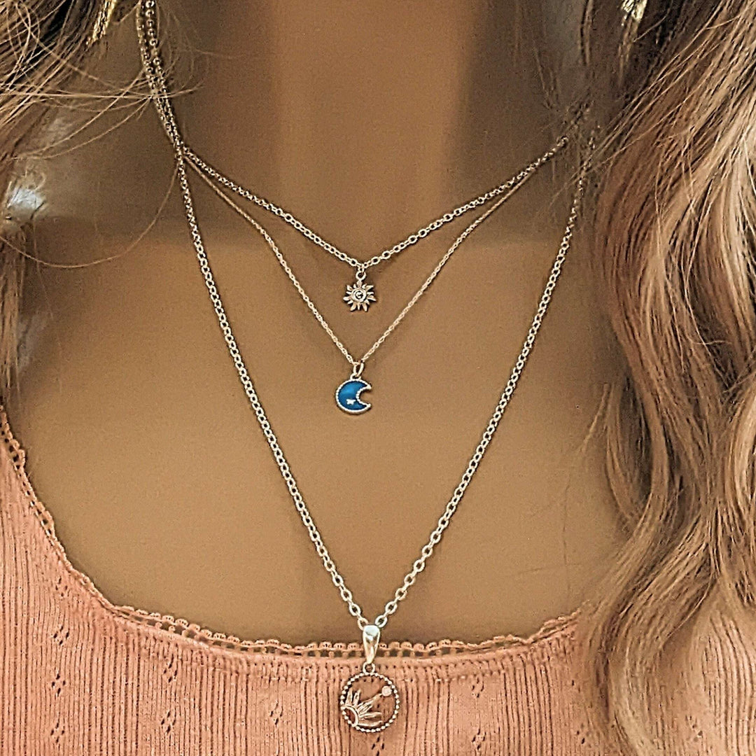 Silver Sun, Enamel Moon Layered Necklace Set
