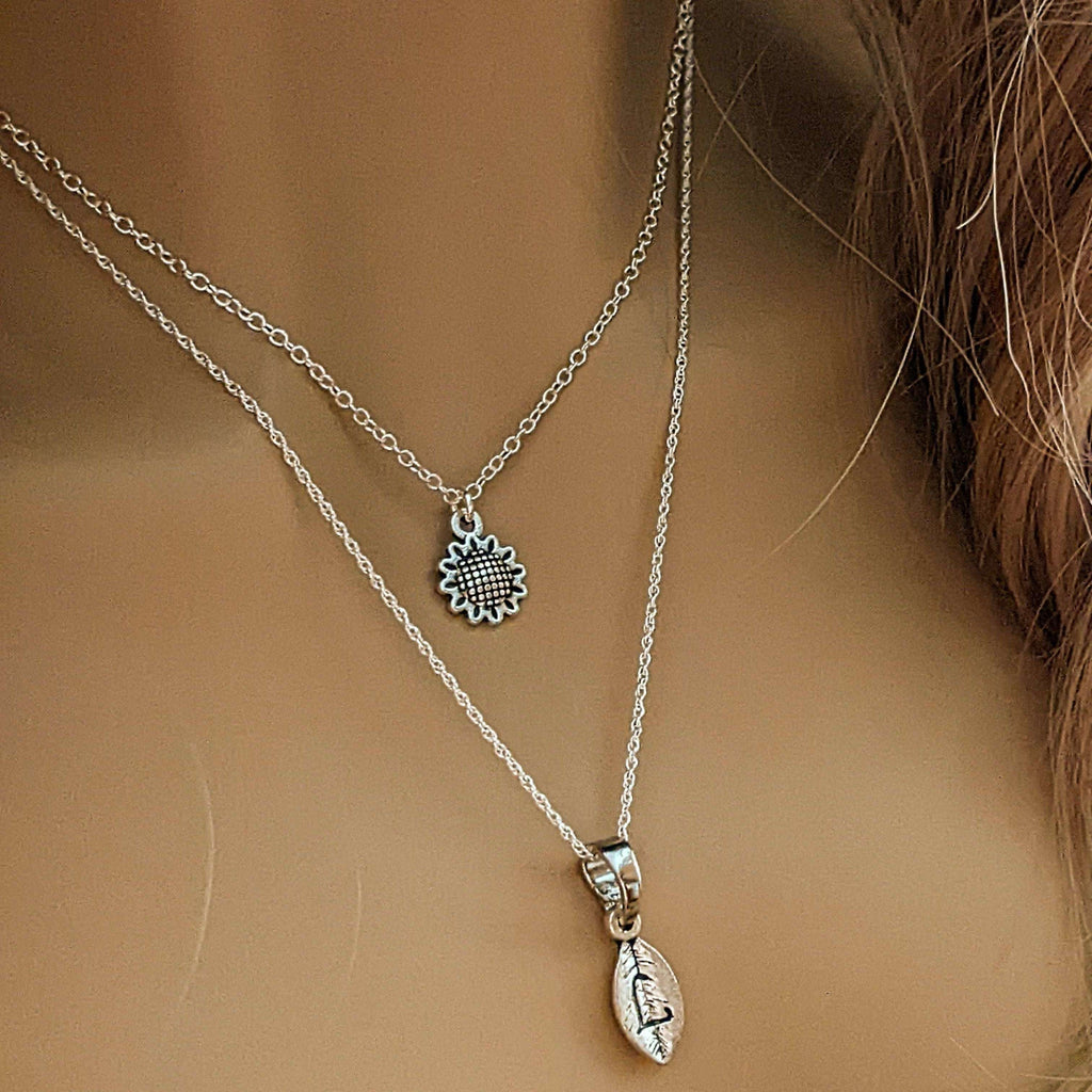 Silver Sunflower Initial Leaf Layered Necklace Set