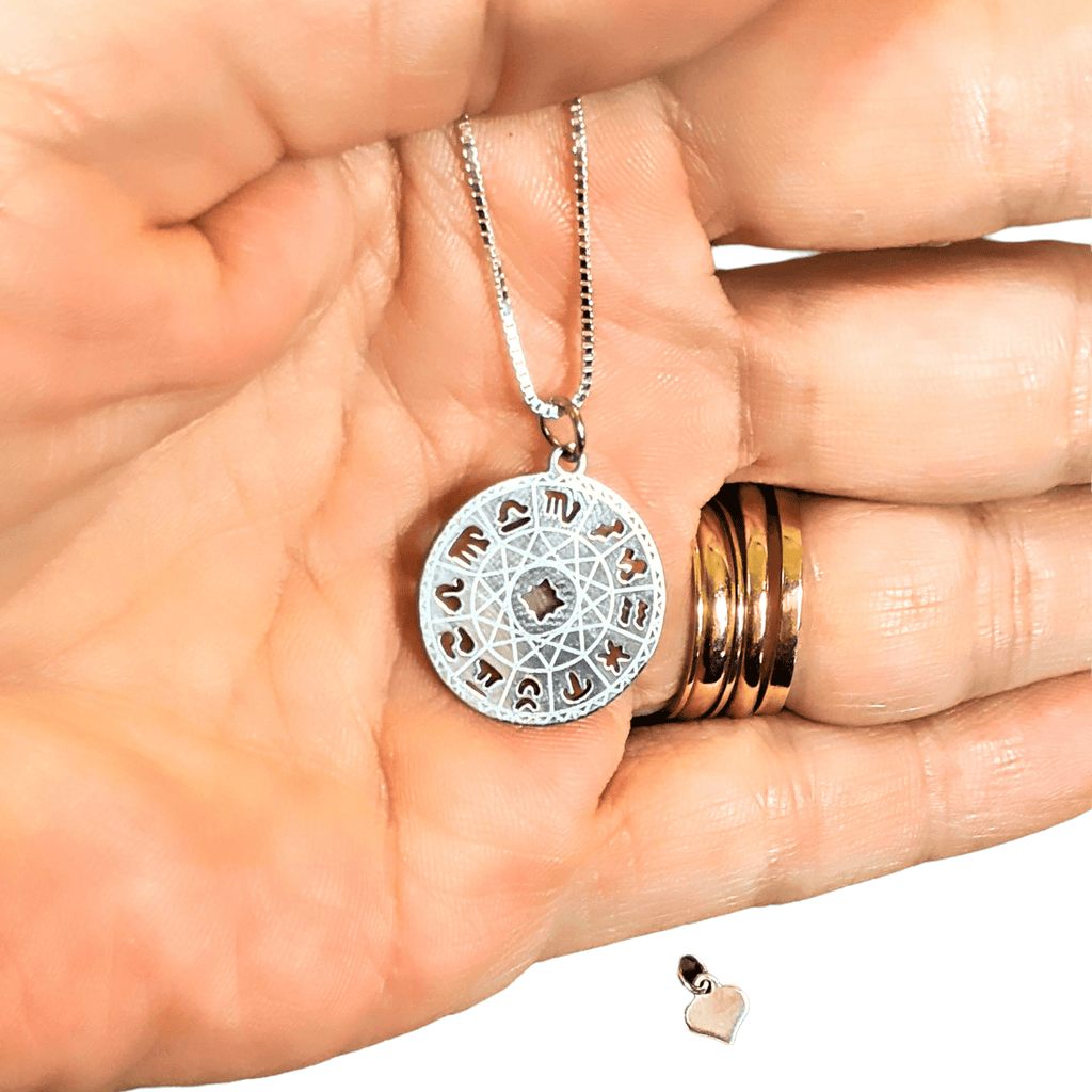Silver Zodiac Wheel Chart Necklace, adjustable up to 24 inches