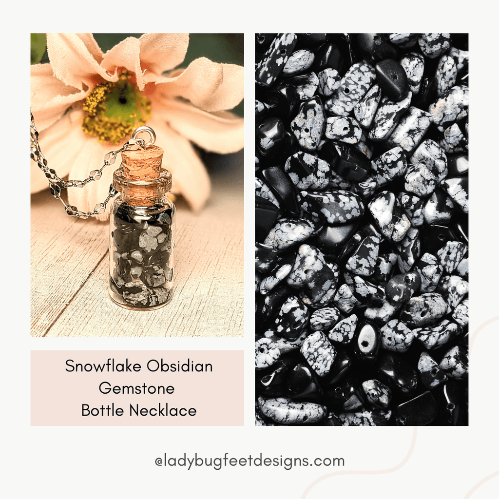 Snowflake Obsidian Gemstone Bottle Necklace, 20 or 24 inch, Silver/Gold