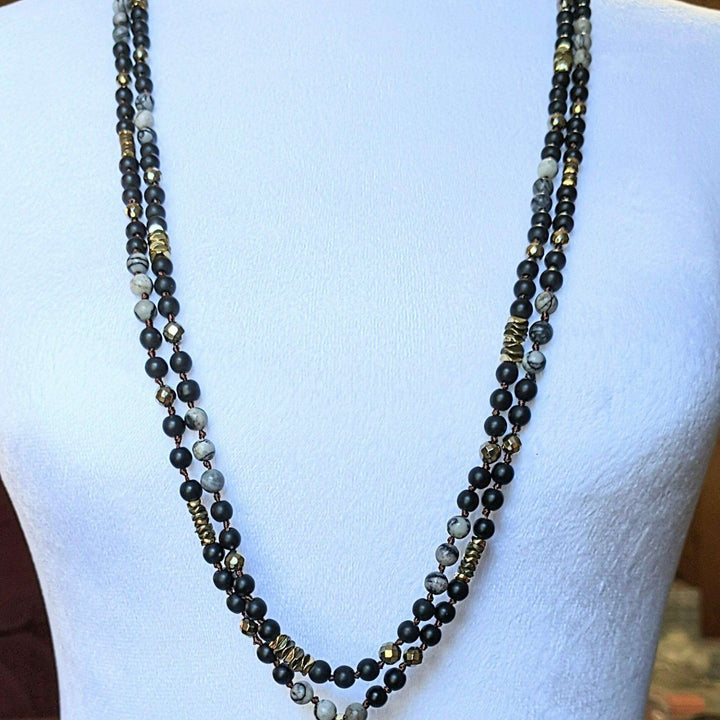 Spider Web Jasper + Hematite + Crystal Semi-Precious Gemstone Necklace w/ Open Heart Pendant - 36 inch