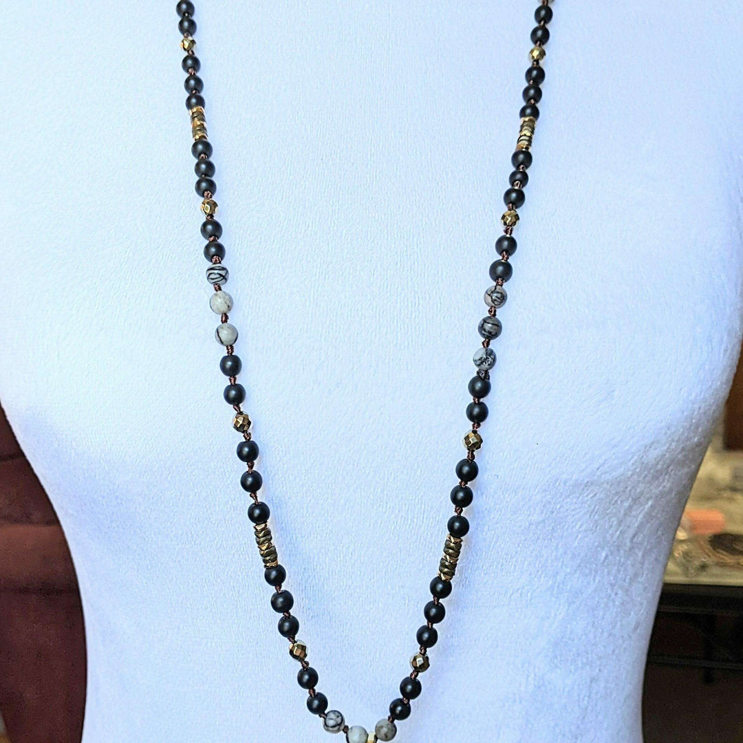 Spider Web Jasper + Hematite + Crystal Semi-Precious Gemstone Necklace w/ Open Heart Pendant - 36 inch