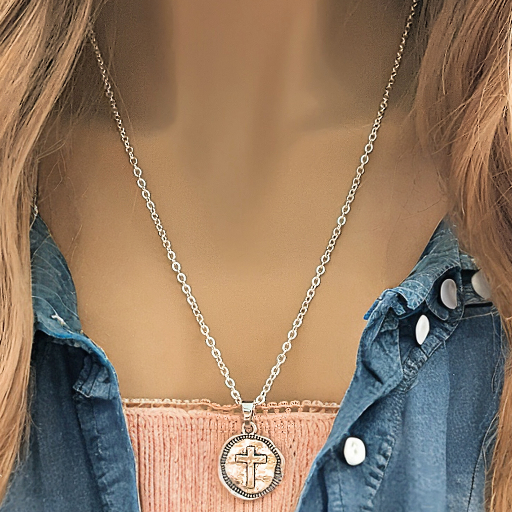 Silver Hammered Cross Coin Necklace- 24 inch