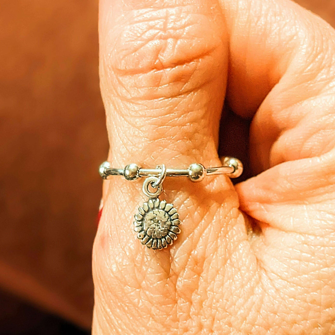 Sterling Silver Sunflower Adjustable Charm Ring
