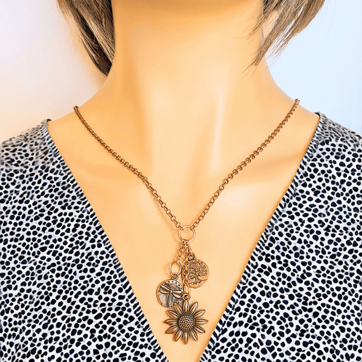 Sunflower Copper Charm Keeper Necklace, 18-24 inch