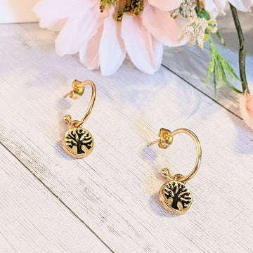 Tree of Life Gold Hoop earrings, Hoop Drop