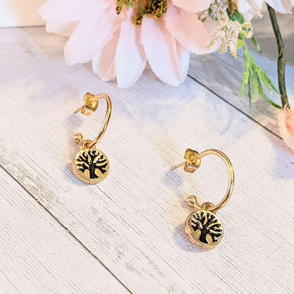 Tree of Life Gold Hoop earrings, Hoop Drop