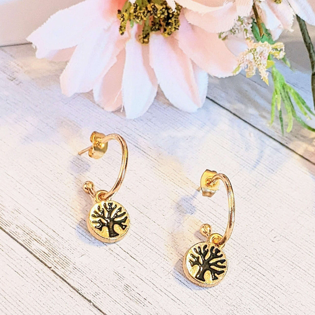 Tree of Life Gold Hoop earrings, Hoop Drop