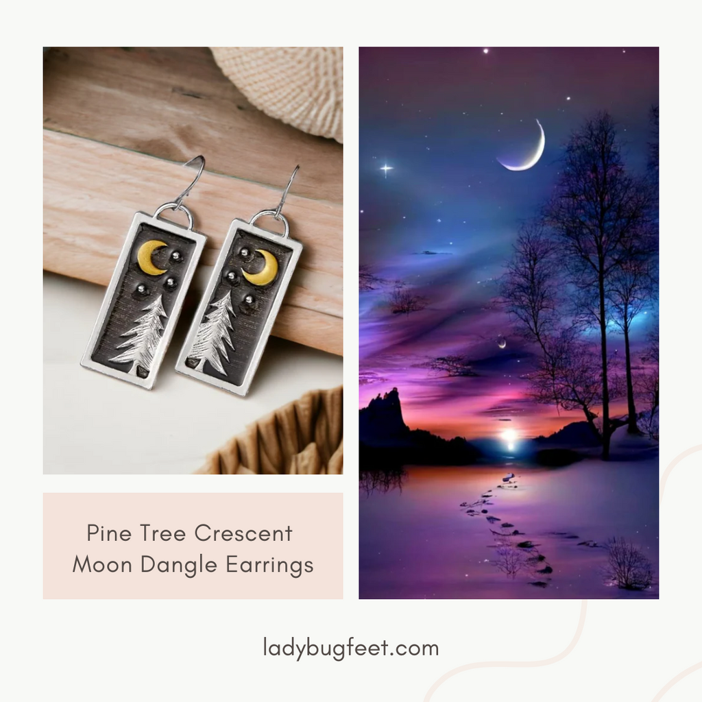 Pine Tree Crescent Moon Dangle Earrings