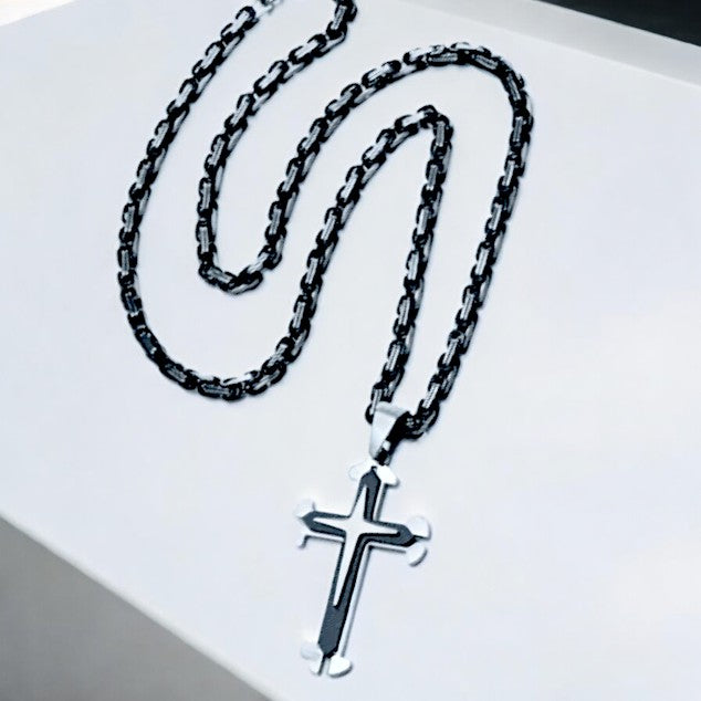 Two Tone Black/Silver Cross Tag pendant necklace, Men's Stainless Steel necklace, 22 inches