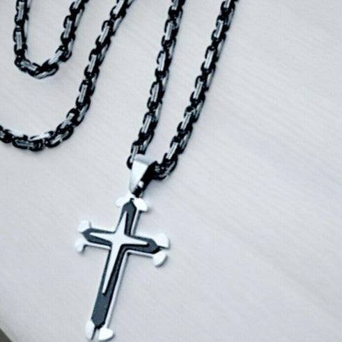 Two Tone Black/Silver Cross Tag pendant necklace, Men's Stainless Steel necklace, 22 inches